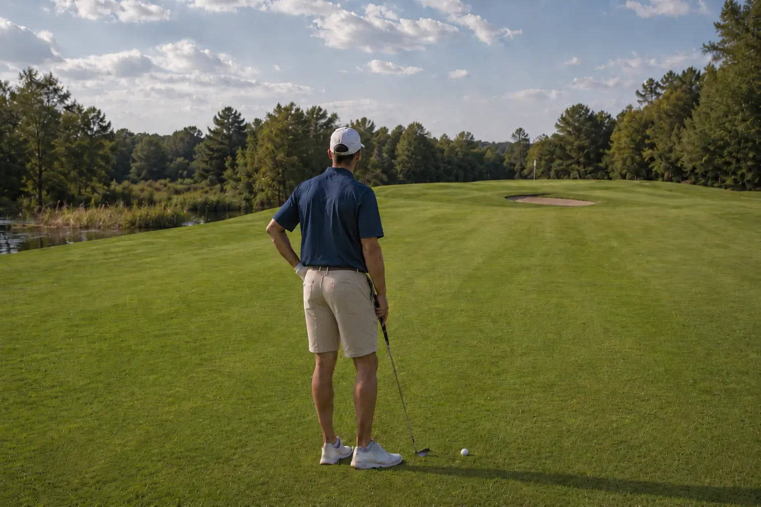 Golfer standing over an approach shot with a bunker short of the green