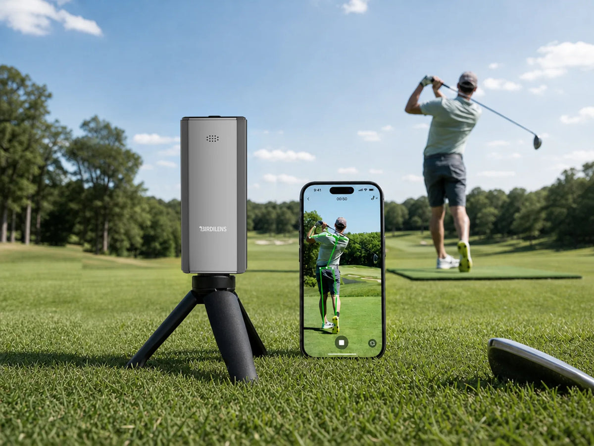 BirdiLens golf launch monitor and smartphone analyzing a golfer's swing