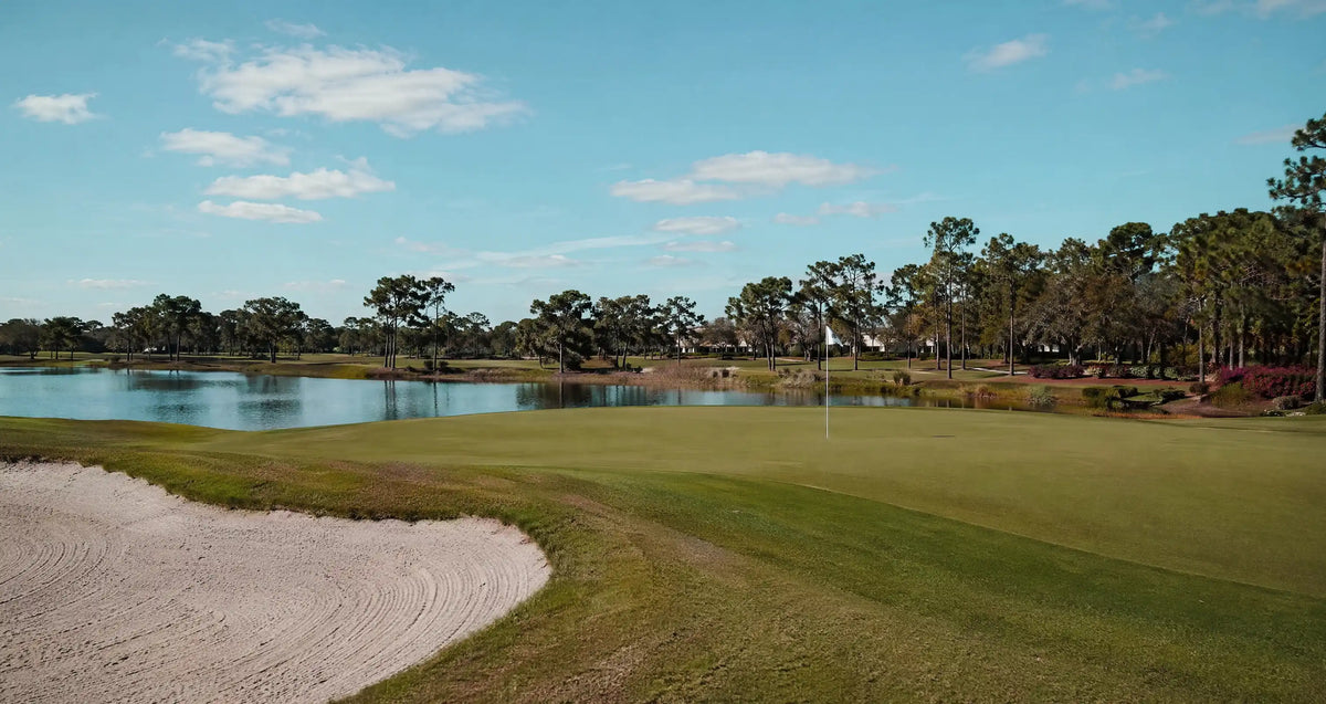 Golf course with green grass, sand bunker, and trees in the background.