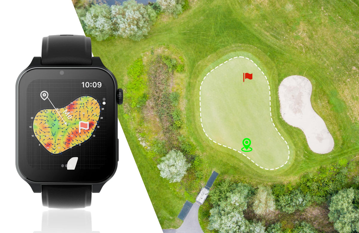 Smartwatch displaying a map next to an aerial view of a golf course