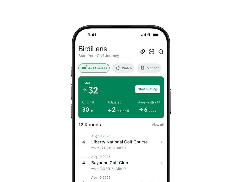Phone screen displaying the BirdiLens app with golf statistics on a white background