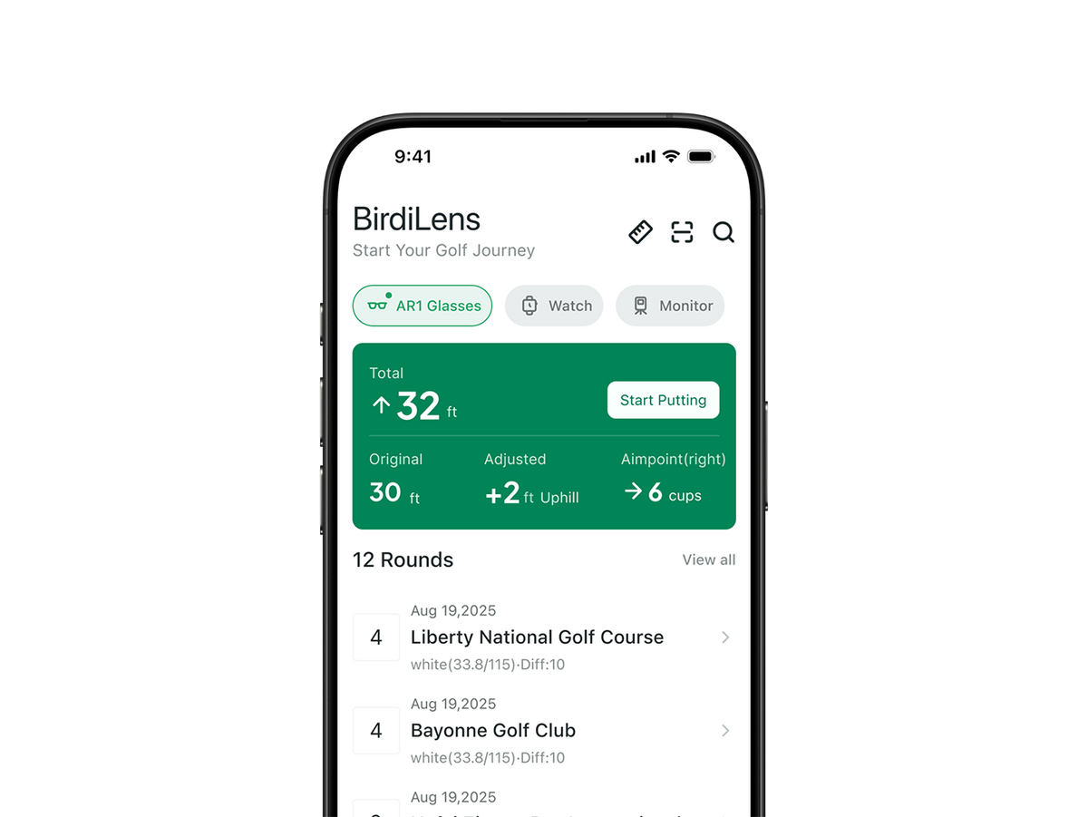 Phone screen displaying the BirdiLens app with golf statistics on a white background