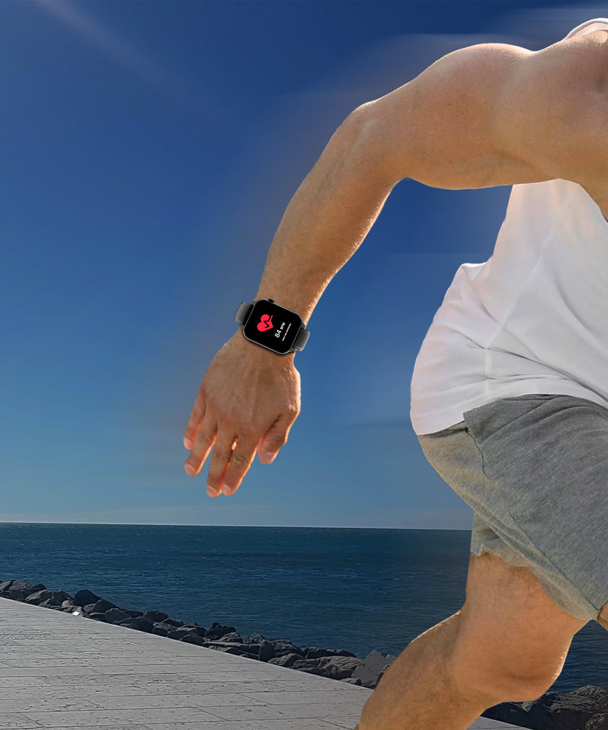 Person running on a dock with a smartwatch displaying a heart rate monitor app.
