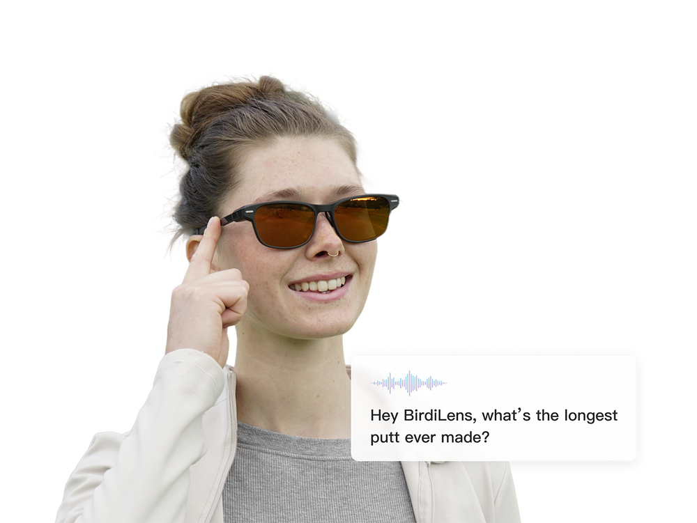 Woman wearing sunglasses with a text bubble asking about the longest putter ever made